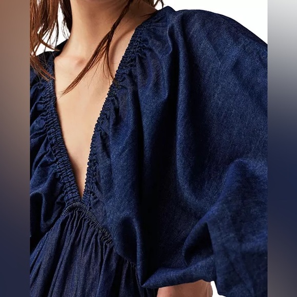 Free People Portia Denim Mini Dress Indigo Dark Rinse Size S Puff Sleeve REVOLVE - Picture 6 of 15